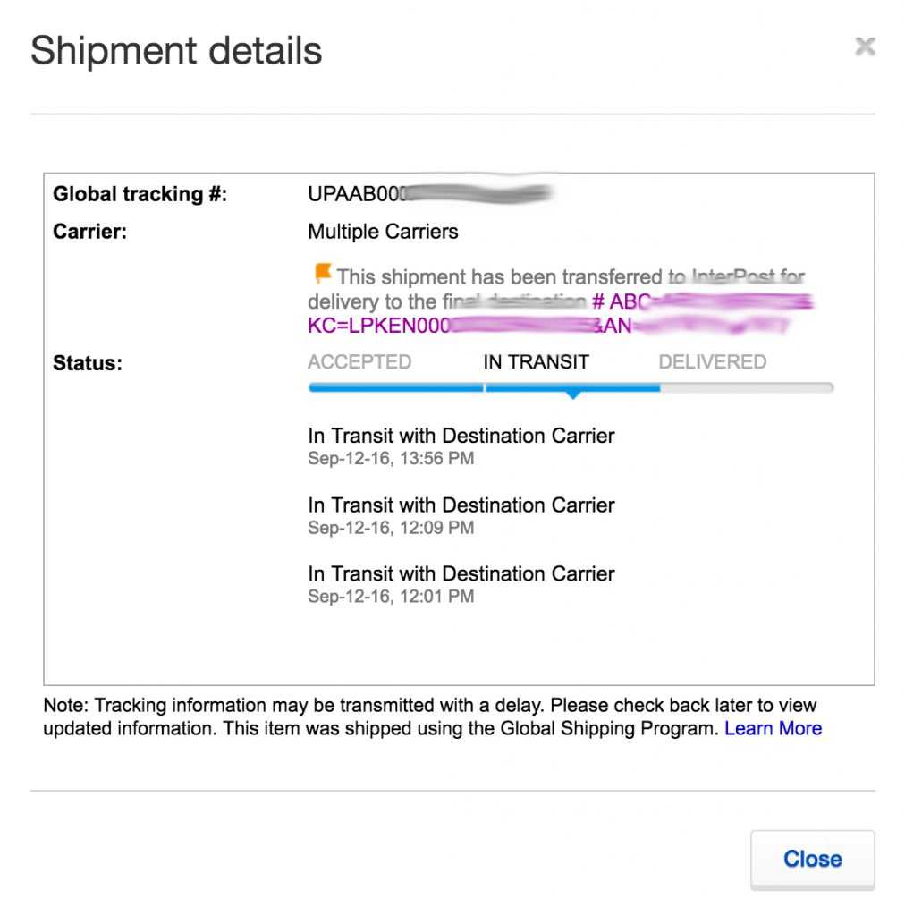 Ebay Global Tracking Popup for UPAA number